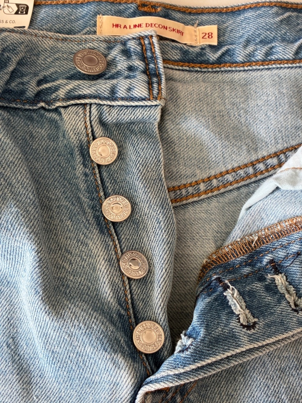Levi's Premium High Rise A-Line Deconstructed Denim Skirt Midi Button Fly 28 - Picture 8 of 12